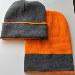 PPE Style Winter Beanie Hat Reversable Org / Gray - Set of 2 - One Size